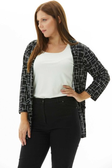 Büyük Beden Yanı Yırtmaçlı Çizgi Desen Penye Hırka