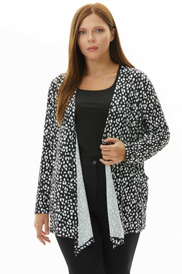 Büyük Beden Puantiyeli Önü Dökümlü Penye Hırka