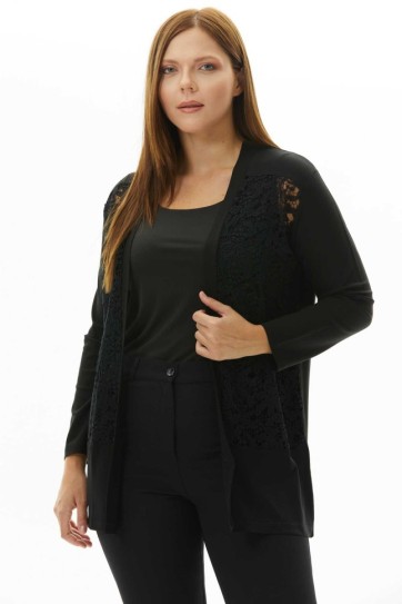 Büyük Beden Önü Dantel Kombinli Penye Hırka