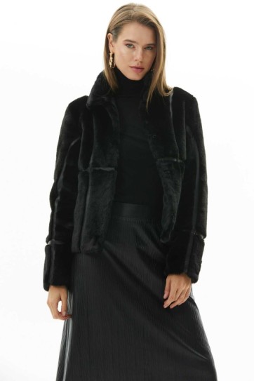 Deri Şeritli Şömiziye Yaka Kürk Mont