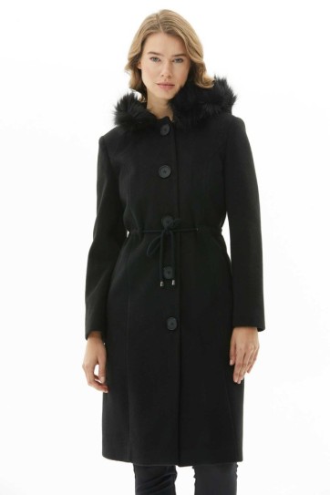 Beli Büzgülü Kapüşonu Kürklü Kaban