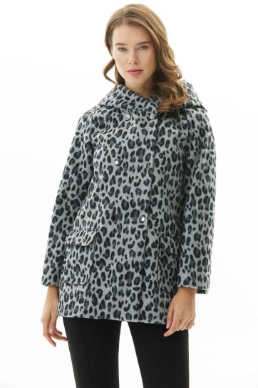 Kendinden Kapüşonlu Leopar Desen Kaban