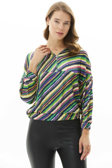 Önü Yarım Fermuarlı Verev Çizgili Bluz