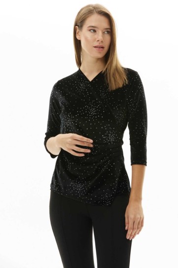 Kruvaze Yanı Plili Simli Nokta Desenli Bluz