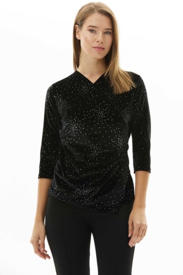 Kruvaze Yanı Plili Simli Nokta Desenli Bluz