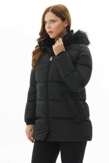Büyük Beden Yakası Kürklü Önü Fermuarlı Mont
