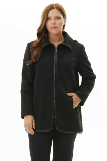 Büyük Beden Önü Fermuarlı Deri Biyeli Kaban