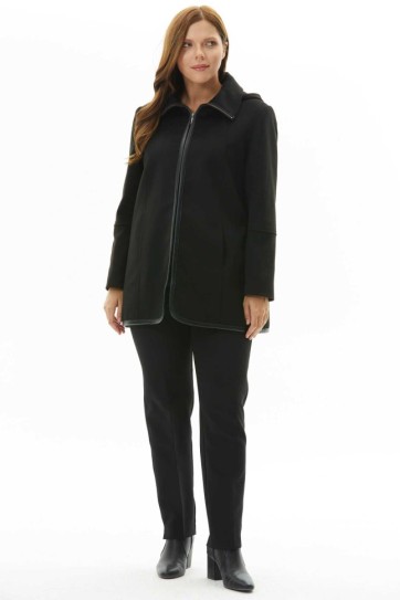 Büyük Beden Önü Fermuarlı Deri Biyeli Kaban