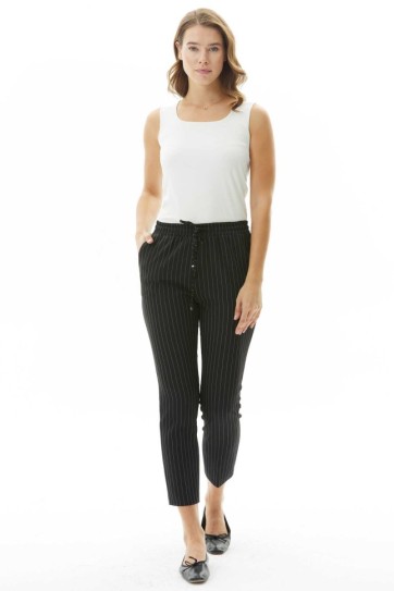 Beli Tam Lastikli Çizgili Boru Paça Pantolon