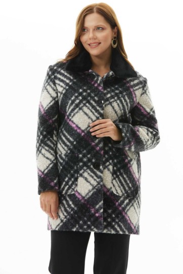 Büyük Beden Yakası Kürklü Ekose Kaban