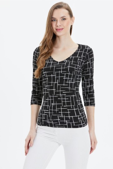 V Yaka Truvakar Kol Ekose Desenli Bluz