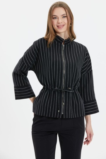 Hakim Yaka Beli Büzgülü Çizgili Ceket