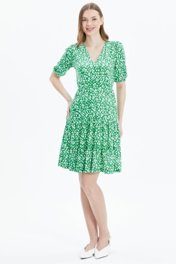 Kruvaze Eteği Volanlı Puantiye Desen Elbise