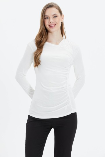 Yakası Asimetrik Yanı Drapeli Penye Bluz