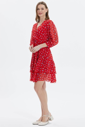 Kruvaze Eteği Üç Kat Volan Çıtır Çiçek Desen Elbise