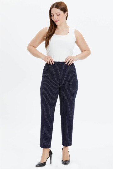 Büyük Beden Kare Cep Gizli Lastikli Çizgili Pantolon