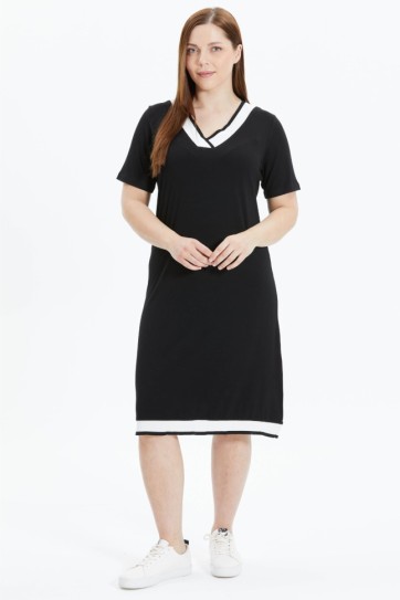 Büyük Beden Yaka ve Etek Ucu Ribanalı Penye Elbise