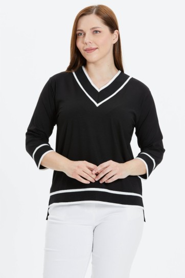 Büyük Beden V Yaka Önü Kısa Ribanalı Penye Bluz