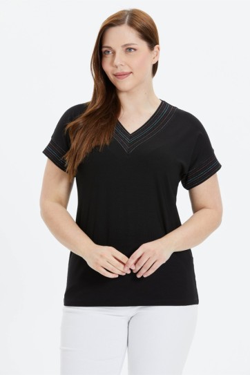 Büyük Beden Düşük Kol Renkli Ribanalı Penye Bluz