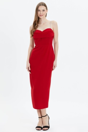 Üstü Drapeli Askıları Taşlı Elbise