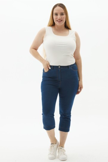 Büyük Beden Beli Lastikli Kapri Kot Pantolon