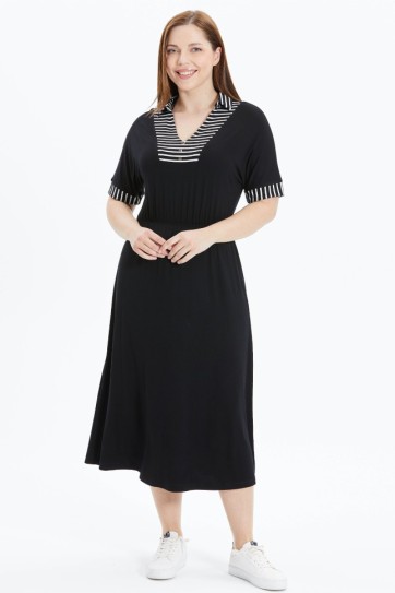 Büyük Beden Yakası Çizgili Kombinli Penye Elbise