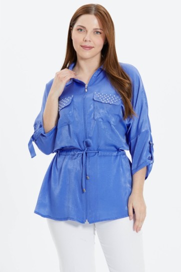 Büyük Beden Beli Büzgülü Cebi Taşlı Bluz