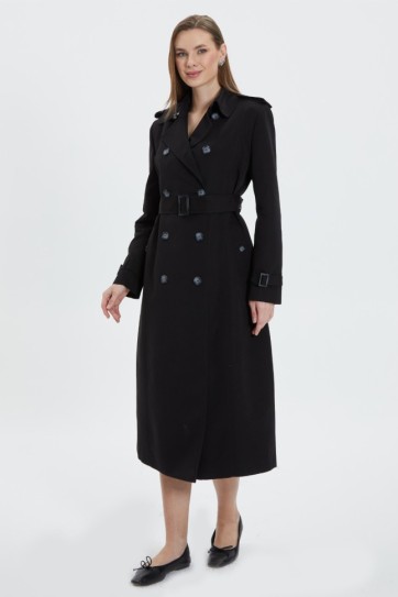 Kruvaze Agraflı Uzun Trençkot