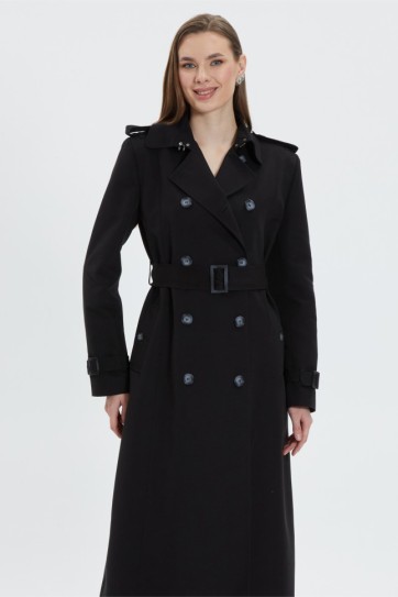 Kruvaze Agraflı Uzun Trençkot