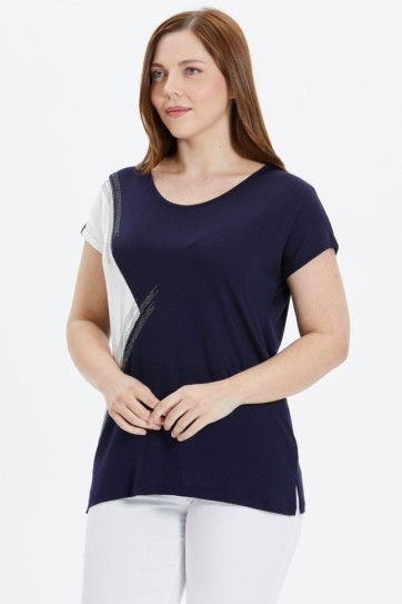 Büyük Beden Yanı Taşlı Kombinli Penye Bluz