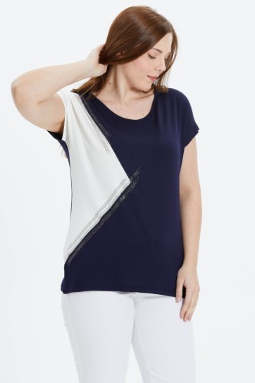 Büyük Beden Yanı Taşlı Kombinli Penye Bluz