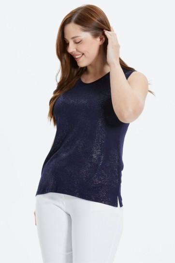 Büyük Beden Önü Sim Varaklı Kolsuz Penye Bluz