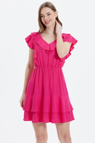 Yakası ve Etek Ucu Volanlı V Yaka Elbise