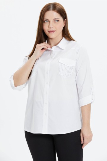 Büyük Beden Cepleri Taşlı Kolu Kıvırmalı Gömlek