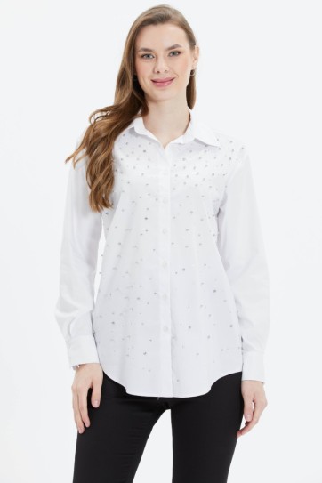 Gömlek Yaka Önü Taşlı Uzun Kol Bluz