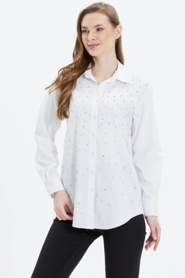 Gömlek Yaka Önü Taşlı Uzun Kol Bluz