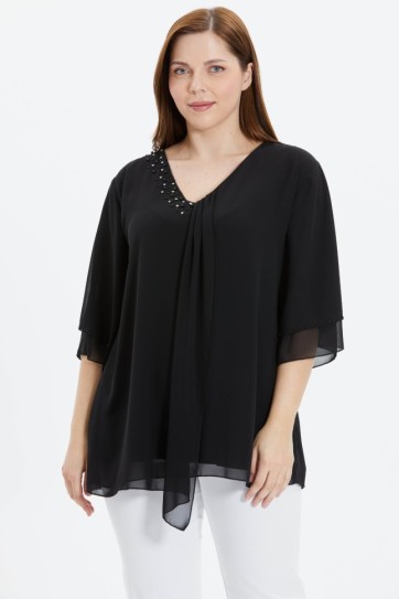 Büyük Beden V Yaka Yakası Taşlı Önü Plili Bluz