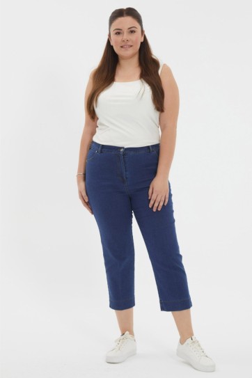 Büyük Beden Beli Lastikli Kapri Kot Pantolon