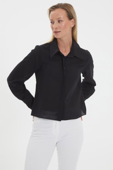 Gizli Pat Kolu Üç Düğmeli Kısa Bluz