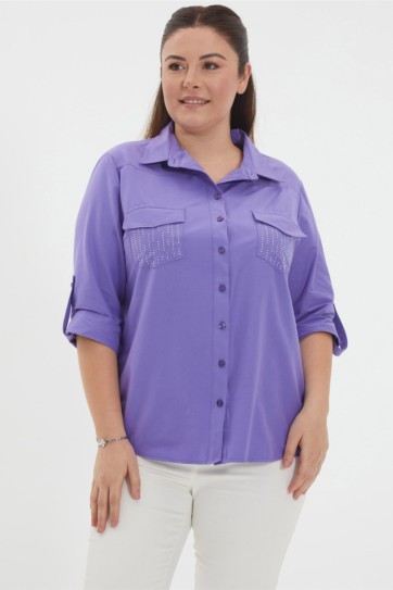 Büyük Beden Cepleri Taşlı Kolu Kıvırmalı Gömlek