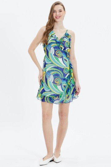 Anvelop Kapama Fırfırlı Soyut Desen Elbise