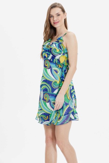 Anvelop Kapama Fırfırlı Soyut Desen Elbise