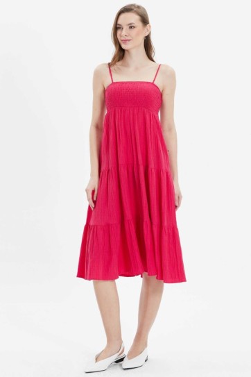 Eteği Volanlı Üstü Lastikli Askılı Elbise