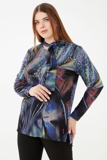 Büyük Beden Yanı Yırtmaçlı Emprime Bluz