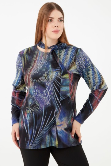 Büyük Beden Yanı Yırtmaçlı Emprime Bluz