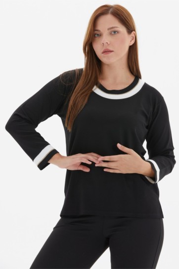 Büyük Beden Sıfır Yaka Gold Simli Ribanalı Bluz