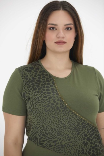 Büyük Beden Leopar Jakarlı Troklu Penye Bluz