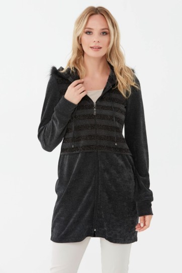 Kapüşonu Kürklü Kadife Hırka