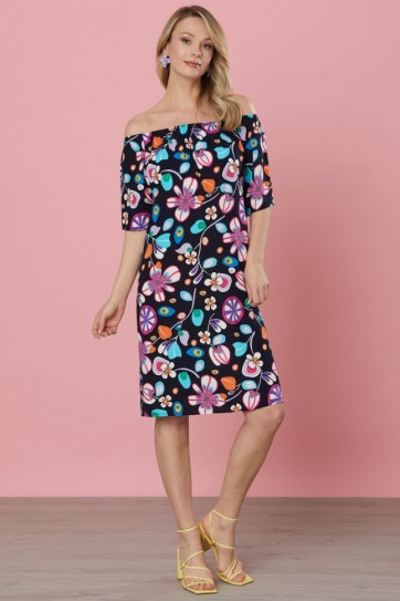 Yakası Lastikli Emprime Elbise