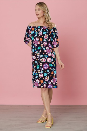 Yakası Lastikli Emprime Elbise